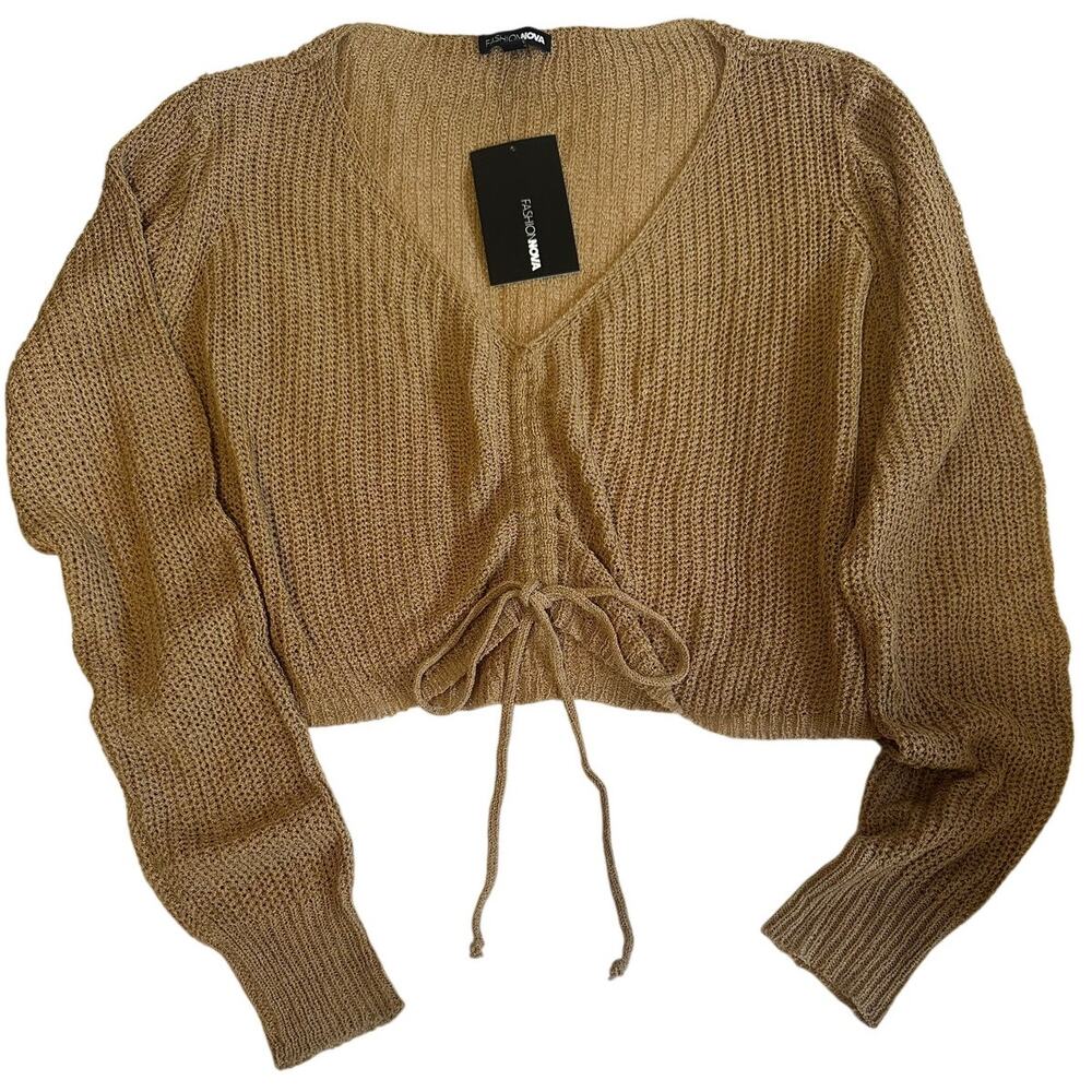 Fashion Nova Ruched Tie Front Sweater Crop Tan Size Large